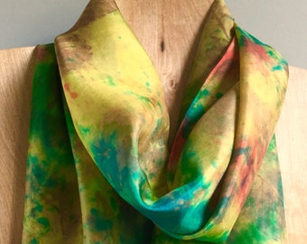 Gold Silk Scarf Handpainted Long Christmas Gift Red Orange Green Yellow Brown Turquoise Ecodyed Nature Print Leaf Handdyed Handprinted 15x60