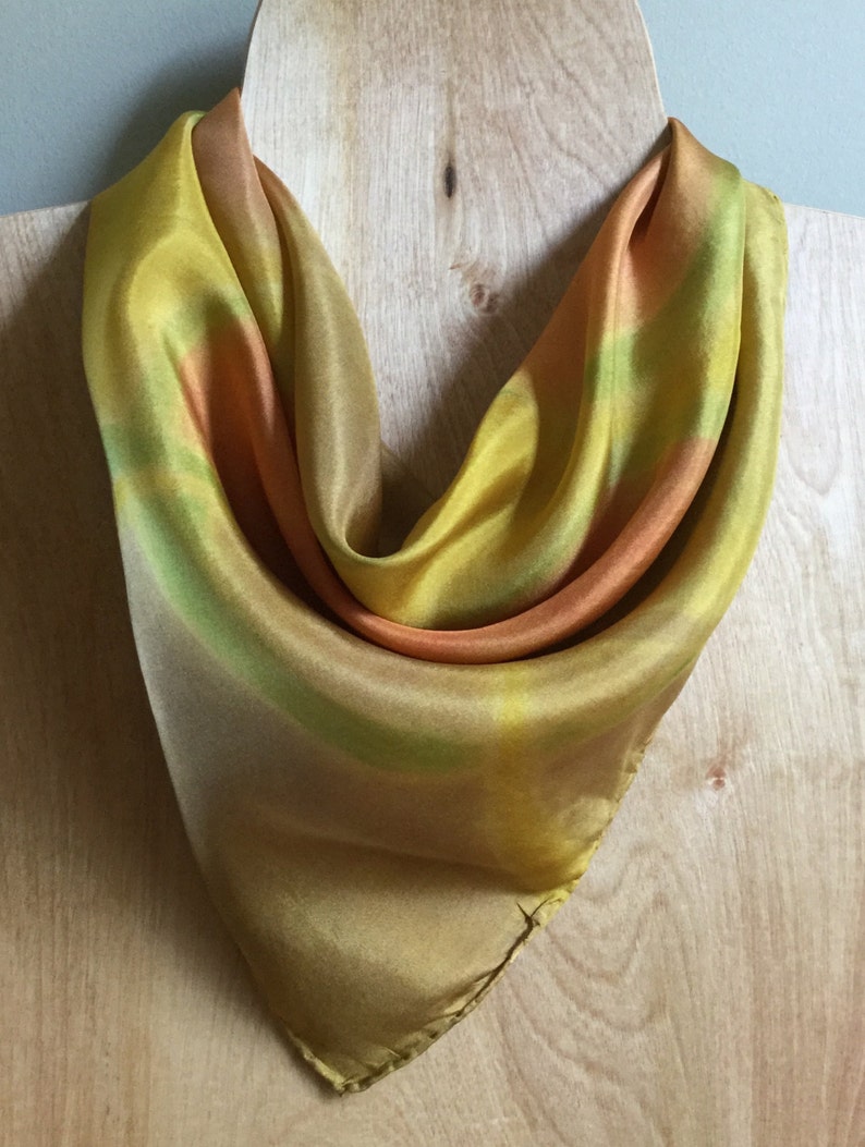 Hanukkah Gift Hand-painted Silk Scarf Square Head Scarf Neck Scarf Green Brown Gold Red Orange Circles Brooklyn Designer 21.5 x 21.5 Mom image 1