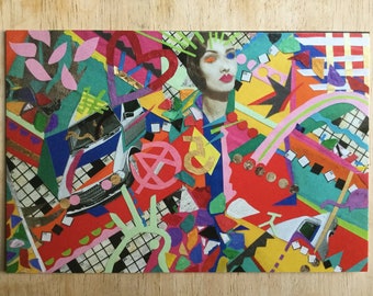 Könnte beinhalten: Eine bunte Collage mit einem Auto, einem Frauenkopf, einem Herzen und verschiedenen geometrischen Formen in Rot, Gelb, Grün, Blau, Rosa und Schwarz.