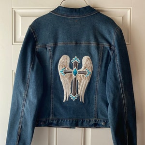 Denim Jacket Cross With Turquoise Gem & Wings Embroidered - Etsy