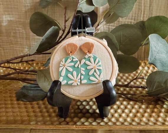 Rose Gold and Lite Turquoise Polymer Clay Earrings with White Daises