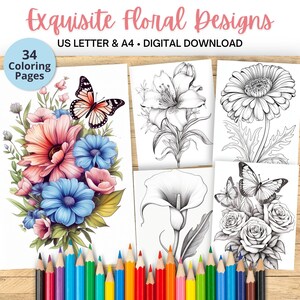 34 Exquisite Floral Designs | Coloring Book for moms | Teen coloring | Grayscale Coloring | Printable coloring | US Letter + A4 | PDF