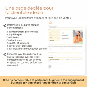 Puede incluir: Una lista de verificaci&oacute;n con el t&iacute;tulo "Determina el pedigr&iacute; completo de tu persona" y una lista de preguntas para ayudarte a definir a tu cliente ideal. La lista de verificaci&oacute;n incluye preguntas sobre informaci&oacute;n personal, inspiraci&oacute;n, intereses, h&aacute;bitos, desaf&iacute;os, soluciones, valores, creencias y canales de comunicaci&oacute;n preferidos. La lista de verificaci&oacute;n forma parte de un documento m&aacute;s amplio con el t&iacute;tulo "Una p&aacute;gina dedicada a tu clientela ideal" y el texto "Para tener el m&aacute;ximo impacto y realizar m&aacute;s ventas".