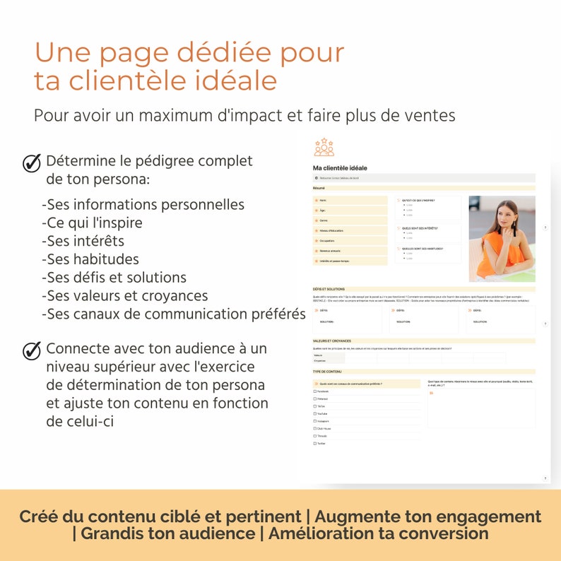 Puede incluir: Una lista de verificaci&oacute;n con el t&iacute;tulo "Determina el pedigr&iacute; completo de tu persona" y una lista de preguntas para ayudarte a definir a tu cliente ideal. La lista de verificaci&oacute;n incluye preguntas sobre informaci&oacute;n personal, inspiraci&oacute;n, intereses, h&aacute;bitos, desaf&iacute;os, soluciones, valores, creencias y canales de comunicaci&oacute;n preferidos. La lista de verificaci&oacute;n forma parte de un documento m&aacute;s amplio con el t&iacute;tulo "Una p&aacute;gina dedicada a tu clientela ideal" y el texto "Para tener el m&aacute;ximo impacto y realizar m&aacute;s ventas".