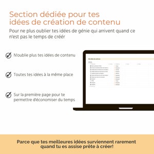 Puede incluir: Una pantalla de computadora port&aacute;til que muestra un rastreador de ideas de contenido con una lista de verificaci&oacute;n de funciones. El texto en la pantalla dice "Mes Id&eacute;es de Contenu". El texto en la pantalla dice "N'oublie plus tes id&eacute;es de contenu", "Toutes tes id&eacute;es &agrave; la m&ecirc;me place" y "Sur la premi&egrave;re page pour te permettre d'&eacute;conomiser du temps". El texto debajo de la computadora port&aacute;til dice "Parce que tes meilleures id&eacute;es surviennent rarement quand tu es assise pr&ecirc;te &agrave; cr&eacute;er!"