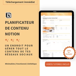 Puede incluir: Una plantilla de planificador digital para Notion, titulada "Planificateur de contenu "Summer Vibes"". La plantilla está diseñada para ayudar a los usuarios a planificar y gestionar su contenido en las redes sociales. La plantilla incluye secciones para el público objetivo, ideas de contenido y un calendario para programar publicaciones. La plantilla está 100% en francés e incluye tutoriales en vídeo.