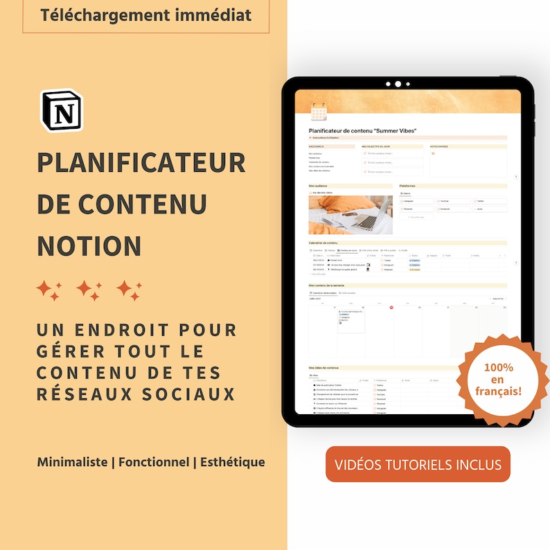 Puede incluir: Una plantilla de planificador digital para Notion, titulada "Planificateur de contenu "Summer Vibes"". La plantilla est&aacute; dise&ntilde;ada para ayudar a los usuarios a planificar y gestionar su contenido en las redes sociales. La plantilla incluye secciones para el p&uacute;blico objetivo, ideas de contenido y un calendario para programar publicaciones. La plantilla est&aacute; 100% en franc&eacute;s e incluye tutoriales en v&iacute;deo.