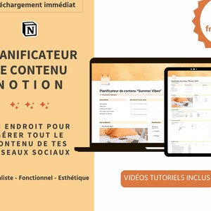 Puede incluir: Una ilustraci&oacute;n digital de una computadora port&aacute;til y una tableta que muestran una plantilla de planificador de contenido para Notion. La plantilla se titula "Planificateur de contenu "Summer Vibes"" y est&aacute; en franc&eacute;s. El texto "100% en fran&ccedil;ais!" est&aacute; en una forma de estrella en la esquina superior derecha. El texto "T&eacute;l&eacute;chargement imm&eacute;diat" est&aacute; en la esquina superior izquierda. El texto "PLANIFICATEUR DE CONTENU NOTION" est&aacute; en letras grandes y negritas. El texto "UN ENDROIT POUR G&Eacute;RER TOUT LE CONTENU DE TES R&Eacute;SEAUX SOCIAUX" est&aacute; en letras m&aacute;s peque&ntilde;as debajo del t&iacute;tulo. El texto "Minimaliste - Fonctionnel - Esth&eacute;tique" est&aacute; en la esquina inferior izquierda. El texto "VID&Eacute;OS TUTORIELS INCLUS" est&aacute; en un bot&oacute;n rectangular en la esquina inferior derecha.
