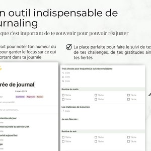 K&ouml;nnte beinhalten: Eine druckbare Journal-Seite mit einer Checkliste zur Verfolgung der t&auml;glichen Routinen, Herausforderungen, Dankbarkeiten und Leistungen. Die Seite enth&auml;lt Abschnitte f&uuml;r Morgen- und Abendroutinen sowie einen Platz, um drei Dinge aufzulisten, f&uuml;r die der Benutzer dankbar ist. Die Seite ist mit "Entr&eacute;e de journal" betitelt und enth&auml;lt das Datum "6. M&auml;rz 2023".