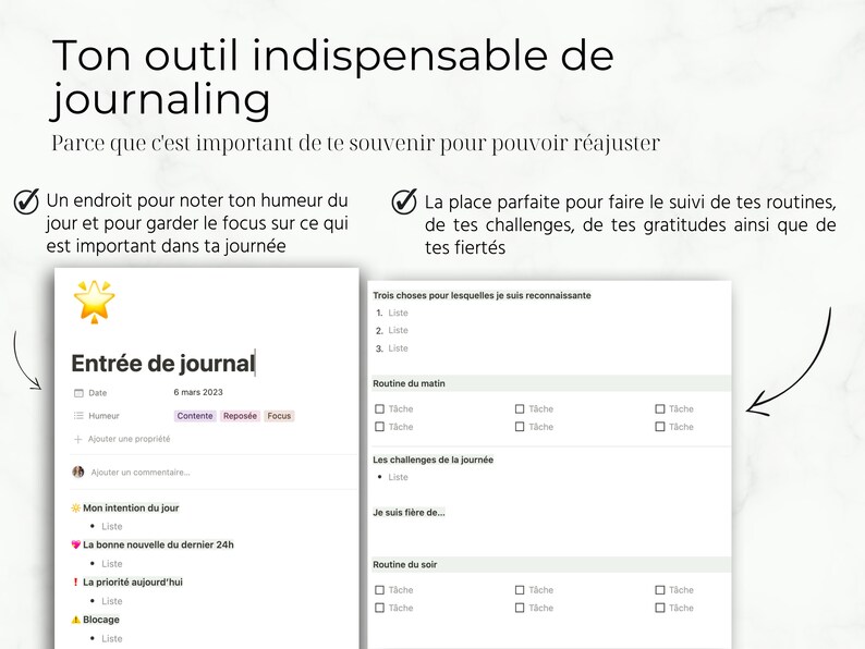 K&ouml;nnte beinhalten: Eine druckbare Journal-Seite mit einer Checkliste zur Verfolgung der t&auml;glichen Routinen, Herausforderungen, Dankbarkeiten und Leistungen. Die Seite enth&auml;lt Abschnitte f&uuml;r Morgen- und Abendroutinen sowie einen Platz, um drei Dinge aufzulisten, f&uuml;r die der Benutzer dankbar ist. Die Seite ist mit "Entr&eacute;e de journal" betitelt und enth&auml;lt das Datum "6. M&auml;rz 2023".