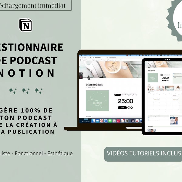 Template Notion Podcasteur EN FRANÇAIS | Gestionnaire de podcast | Modèle Notion personnalisable | Gestion de podcast