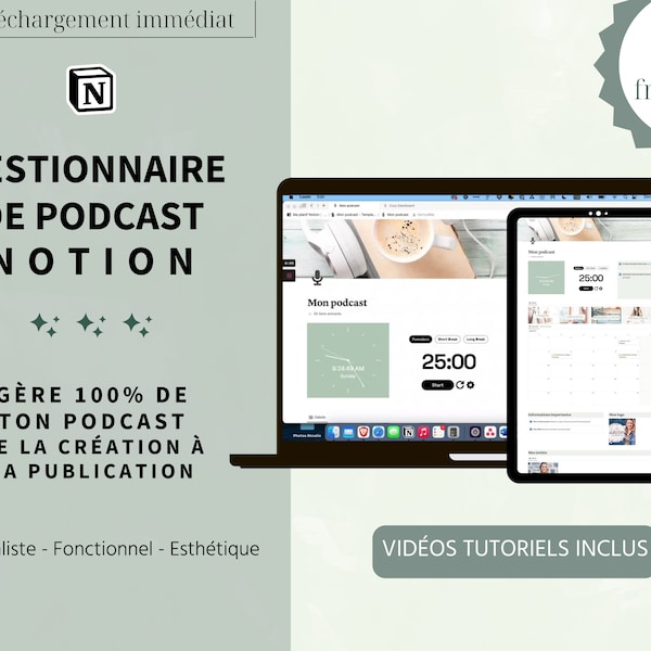 Template Notion Podcasteur EN FRANÇAIS | Gestionnaire de podcast | Modèle Notion personnalisable | Gestion de podcast