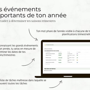 K&ouml;nnte beinhalten: Ein Laptop-Bildschirm zeigt einen Kalender mit dem Text "Les &eacute;v&eacute;nements de mon ann&eacute;e" und eine Aufgabenliste. Der Text "Ton mot phare de l'ann&eacute;e visible &agrave; chacune de tes planifications trimestrielles" ist &uuml;ber dem Laptop sichtbar.