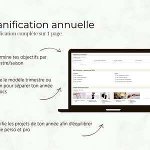 K&ouml;nnte beinhalten: Ein Laptop-Bildschirm zeigt eine Website f&uuml;r die j&auml;hrliche Planung. Die Website hat Bereiche zum Setzen von Zielen, Planen von Projekten und Verfolgen des Fortschritts. Der Text auf dem Bildschirm lautet "Planification annuelle" und "Planification complete sur 1 page".