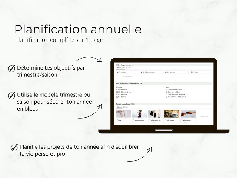 K&ouml;nnte beinhalten: Ein Laptop-Bildschirm zeigt eine Website f&uuml;r die j&auml;hrliche Planung. Die Website hat Bereiche zum Setzen von Zielen, Planen von Projekten und Verfolgen des Fortschritts. Der Text auf dem Bildschirm lautet "Planification annuelle" und "Planification complete sur 1 page".