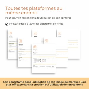 Puede incluir: Un gr&aacute;fico que muestra una lista de verificaci&oacute;n para administrar el contenido de las redes sociales en m&uacute;ltiples plataformas, incluidas YouTube, Facebook, Twitter, TikTok e Instagram. El texto dice "Toutes tes plateformes au m&ecirc;me endroit" y "Un espace d&eacute;di&eacute; &agrave; toutes tes plateformes pr&eacute;f&eacute;r&eacute;es". El texto debajo del gr&aacute;fico dice "Sois consistante dans l'utilisation de ton image de marque | Sois plus efficace dans ta cr&eacute;ation et l'utilisation de ton contenu".