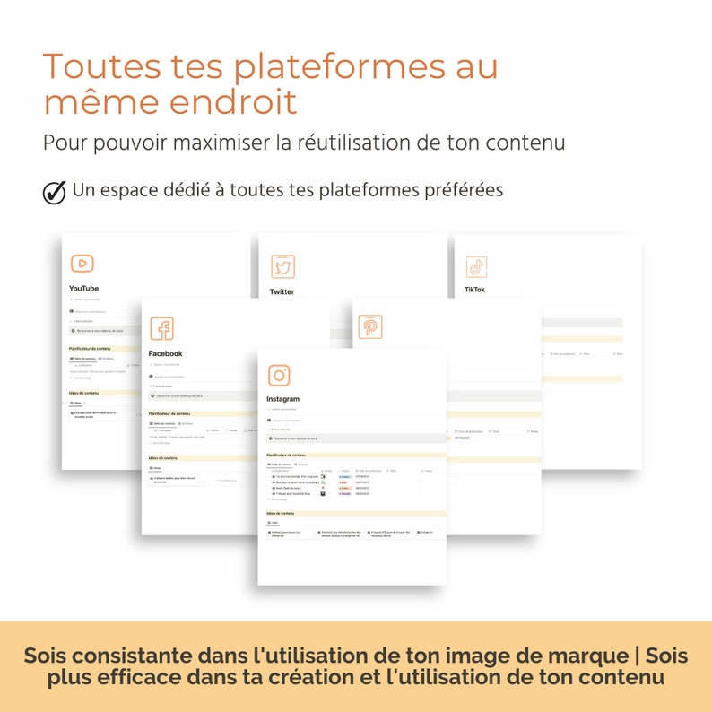 Puede incluir: Un gr&aacute;fico que muestra una lista de verificaci&oacute;n para administrar el contenido de las redes sociales en m&uacute;ltiples plataformas, incluidas YouTube, Facebook, Twitter, TikTok e Instagram. El texto dice "Toutes tes plateformes au m&ecirc;me endroit" y "Un espace d&eacute;di&eacute; &agrave; toutes tes plateformes pr&eacute;f&eacute;r&eacute;es". El texto debajo del gr&aacute;fico dice "Sois consistante dans l'utilisation de ton image de marque | Sois plus efficace dans ta cr&eacute;ation et l'utilisation de ton contenu".