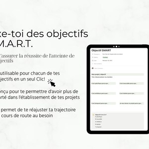 K&ouml;nnte beinhalten: Eine digitale Vorlage zum Setzen von SMART-Zielen. Die Vorlage enth&auml;lt eine Checkliste zum Setzen von spezifischen, messbaren, erreichbaren, relevanten und zeitgebundenen Zielen. Der Text auf der Vorlage lautet "Fixe-toi des objectifs S.M.A.R.T. Pour t'assurer la r&eacute;ussite de l'atteinte de tes objectifs".