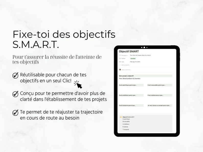 K&ouml;nnte beinhalten: Eine digitale Vorlage zum Setzen von SMART-Zielen. Die Vorlage enth&auml;lt eine Checkliste zum Setzen von spezifischen, messbaren, erreichbaren, relevanten und zeitgebundenen Zielen. Der Text auf der Vorlage lautet "Fixe-toi des objectifs S.M.A.R.T. Pour t'assurer la r&eacute;ussite de l'atteinte de tes objectifs".