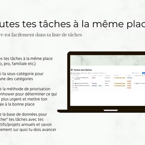 K&ouml;nnte beinhalten: Ein Laptop-Bildschirm zeigt ein Aufgabenmanagementsystem mit dem Text "Toutes mes t&acirc;ches" auf Franz&ouml;sisch. Der Bildschirm zeigt eine Tabelle mit Spalten f&uuml;r Aufgabenname, Kategorie, Priorit&auml;t, F&auml;lligkeitstermin und Fortschritt. Der Text auf dem Bildschirm lautet "Toutes mes t&acirc;ches", was im Deutschen "Alle meine Aufgaben" bedeutet.