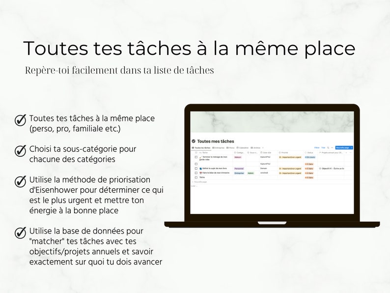 K&ouml;nnte beinhalten: Ein Laptop-Bildschirm zeigt ein Aufgabenmanagementsystem mit dem Text "Toutes mes t&acirc;ches" auf Franz&ouml;sisch. Der Bildschirm zeigt eine Tabelle mit Spalten f&uuml;r Aufgabenname, Kategorie, Priorit&auml;t, F&auml;lligkeitstermin und Fortschritt. Der Text auf dem Bildschirm lautet "Toutes mes t&acirc;ches", was im Deutschen "Alle meine Aufgaben" bedeutet.