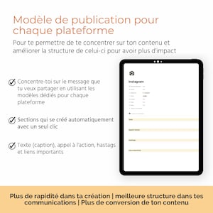 Puede incluir: Un gr&aacute;fico que muestra una plantilla para crear publicaciones en redes sociales. La plantilla incluye secciones para texto, una llamada a la acci&oacute;n, hashtags y enlaces. La plantilla est&aacute; dise&ntilde;ada para ayudar a los usuarios a crear publicaciones en redes sociales atractivas y efectivas. El gr&aacute;fico tambi&eacute;n incluye el texto "Concentre-toi sur le message que tu veux partager en utilisant les mod&egrave;les d&eacute;di&eacute;s pour chaque plateforme" y "Sections qui se cr&eacute;&eacute; automatiquement avec un seul clic".
