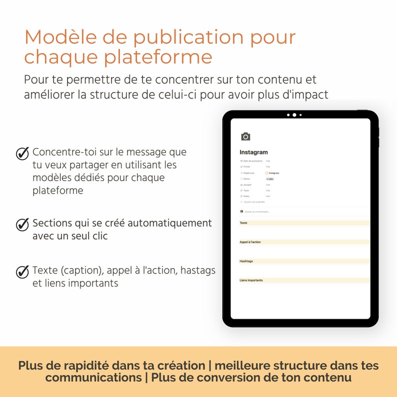 Puede incluir: Un gr&aacute;fico que muestra una plantilla para crear publicaciones en redes sociales. La plantilla incluye secciones para texto, una llamada a la acci&oacute;n, hashtags y enlaces. La plantilla est&aacute; dise&ntilde;ada para ayudar a los usuarios a crear publicaciones en redes sociales atractivas y efectivas. El gr&aacute;fico tambi&eacute;n incluye el texto "Concentre-toi sur le message que tu veux partager en utilisant les mod&egrave;les d&eacute;di&eacute;s pour chaque plateforme" y "Sections qui se cr&eacute;&eacute; automatiquement avec un seul clic".