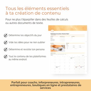 Puede incluir: Una lista de verificaci&oacute;n con un calendario para la planificaci&oacute;n de contenido. La lista de verificaci&oacute;n incluye pasos como determinar los objetivos diarios, generar ideas y revisar tu persona. El calendario est&aacute; etiquetado como "Summer Vibes" y tiene espacio para programar contenido.