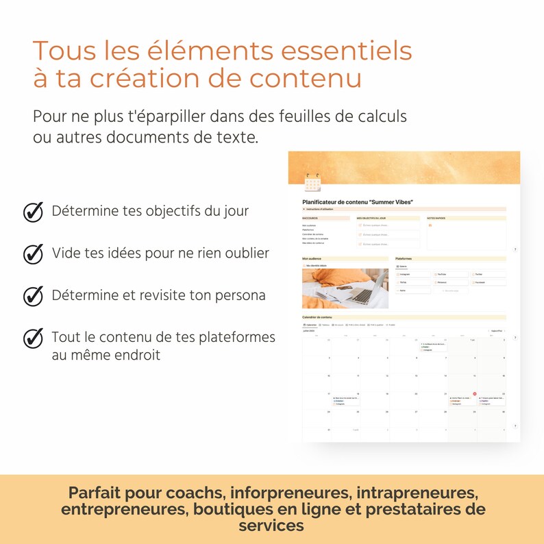 Puede incluir: Una lista de verificaci&oacute;n con un calendario para la planificaci&oacute;n de contenido. La lista de verificaci&oacute;n incluye pasos como determinar los objetivos diarios, generar ideas y revisar tu persona. El calendario est&aacute; etiquetado como "Summer Vibes" y tiene espacio para programar contenido.