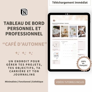 Puede incluir: Una plantilla digital de Notion en una tableta, que presenta un panel personal y profesional con el tema "Café de Otoño". La plantilla incluye un calendario, herramientas de gestión de proyectos y el texto "¡100% en francés!" y "Vídeos tutoriales incluidos".