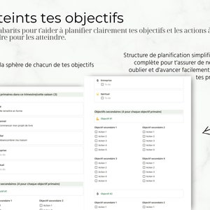 K&ouml;nnte beinhalten: Ein druckbares Arbeitsblatt mit einer Checkliste zum Setzen von Zielen und Planen von Aktionen. Das Arbeitsblatt ist in Abschnitte f&uuml;r prim&auml;re und sekund&auml;re Ziele unterteilt, mit Platz zum Auflisten von Aktionen f&uuml;r jedes Ziel. Das Arbeitsblatt tr&auml;gt den Titel "Atteints tes objectifs", was mit "Erreiche deine Ziele" &uuml;bersetzt wird.