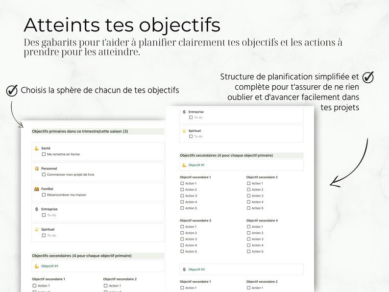K&ouml;nnte beinhalten: Ein druckbares Arbeitsblatt mit einer Checkliste zum Setzen von Zielen und Planen von Aktionen. Das Arbeitsblatt ist in Abschnitte f&uuml;r prim&auml;re und sekund&auml;re Ziele unterteilt, mit Platz zum Auflisten von Aktionen f&uuml;r jedes Ziel. Das Arbeitsblatt tr&auml;gt den Titel "Atteints tes objectifs", was mit "Erreiche deine Ziele" &uuml;bersetzt wird.