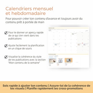 Puede incluir: Una captura de pantalla de una computadora que muestra una aplicaci&oacute;n de calendario con una vista mensual y semanal. El calendario se utiliza para planificar el contenido de las redes sociales. El texto en la pantalla dice "Calendriers mensuel et hebdomadaire" y "Sois rapide &agrave; ajuster ton contenu | Assure-toi de la coh&eacute;rence de tes visuels | Planifie rapidement les cross-promotions".