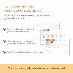 Puede incluir: Un calendario con una lista de caracter&iacute;sticas. El calendario es una herramienta digital para planificar y hacer un seguimiento de las publicaciones de contenido. El texto en el calendario dice "Un calendrier de publication complet".
