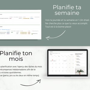 K&ouml;nnte beinhalten: Ein Laptop-Bildschirm zeigt eine Kalender-App mit einer Monatsansicht. Der Kalender ist farbcodiert mit verschiedenen Ereignissen und Aufgaben. Der Text auf dem Bildschirm lautet "Planifie ton mois" und "Planifie ta semaine".