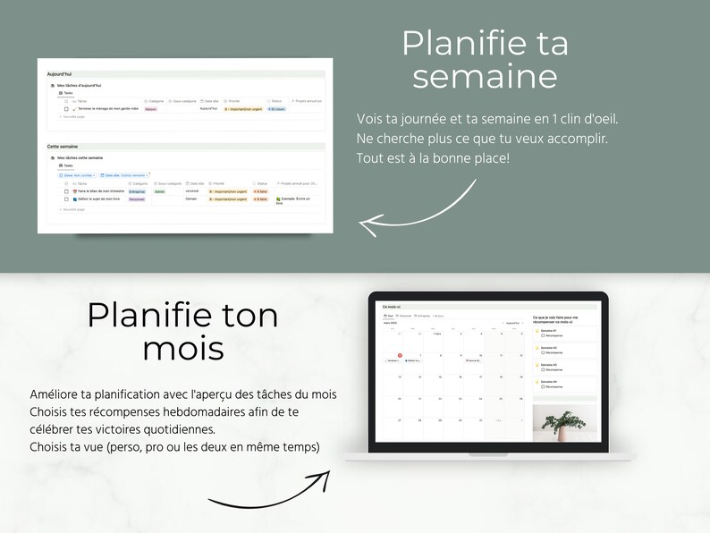 K&ouml;nnte beinhalten: Ein Laptop-Bildschirm zeigt eine Kalender-App mit einer Monatsansicht. Der Kalender ist farbcodiert mit verschiedenen Ereignissen und Aufgaben. Der Text auf dem Bildschirm lautet "Planifie ton mois" und "Planifie ta semaine".