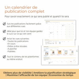 Puede incluir: Un gr&aacute;fico con una lista de caracter&iacute;sticas para una herramienta de calendario de contenido. La lista incluye caracter&iacute;sticas como el seguimiento de publicaciones, la gesti&oacute;n de diferentes vistas y la planificaci&oacute;n del contenido. El gr&aacute;fico tambi&eacute;n incluye una captura de pantalla de la herramienta de calendario de contenido, que muestra una interfaz de calendario con puntos de diferentes colores que representan diferentes tipos de contenido.