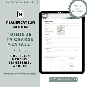 K&ouml;nnte beinhalten: Eine digitale Planer-Vorlage f&uuml;r Notion mit einem Kalender, To-Do-Listen und einem Abschnitt f&uuml;r "Ma planification". Die Vorlage soll Benutzern helfen, ihre Zeit zu verwalten und mentalen Stress zu reduzieren. Der Text "100% en fran&ccedil;ais!" ist in der oberen rechten Ecke des Bildes sichtbar.