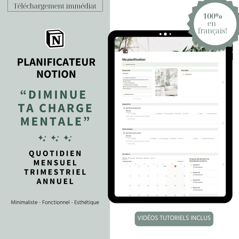 K&ouml;nnte beinhalten: Eine digitale Planer-Vorlage f&uuml;r Notion mit einem Kalender, To-Do-Listen und einem Abschnitt f&uuml;r "Ma planification". Die Vorlage soll Benutzern helfen, ihre Zeit zu verwalten und mentalen Stress zu reduzieren. Der Text "100% en fran&ccedil;ais!" ist in der oberen rechten Ecke des Bildes sichtbar.