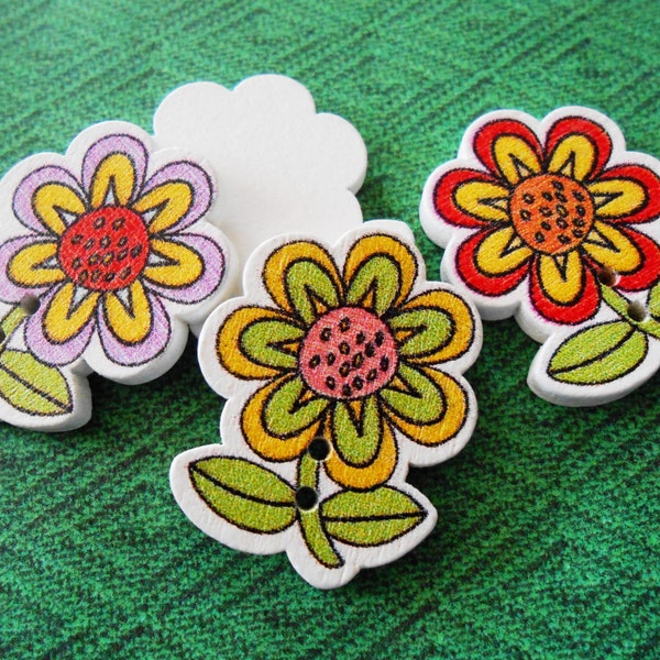 10 Wood Flower Buttons Wooden Cartoon Picture Buttons for Kids Girls Childrens Buttons DIY Craft Sewing Doll Clothing Knitting supplies