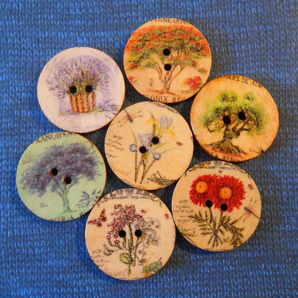 15 Printed Natural Wood Buttons Large 25mm Painted Buttons Flowers & Trees Button Crafts Art Sewing Knitting Crochet Gift Wrap Supplies