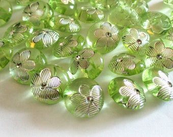 10 Green & Silver Flower Buttons | Shank Buttons | Green Plastic Acrylic Buttons | Childrens Kids Buttons | Doll Clothes | Sewing Supplies