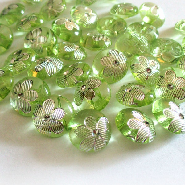 10 Green & Silver Flower Buttons | Shank Buttons | Green Plastic Acrylic Buttons | Childrens Kids Buttons | Doll Clothes | Sewing Supplies