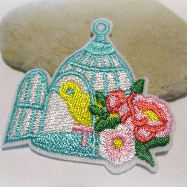 Bird Cage Patch | Embroidered Iron On Patch for Girls Jeans Jackets Backpacks Hats | Applique | Yellow Canary | Bird | Shabby Chic | Roses