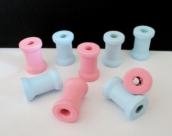 12 Small Wooden Spools | 3/4 Inch Pink & Blue Wood Spools for Crafts Jewelry Dolls Sewing | Miniature Micro Mini Spools Bobbins | Wood Beads