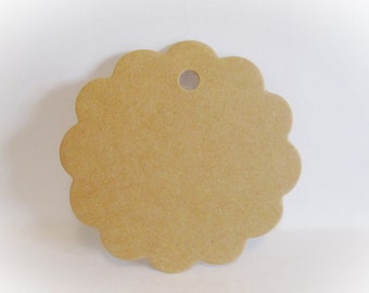 50 Kraft Gift Tags: Round Scalloped Brown Hang Tags
