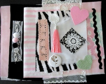 Slow Stitch Kit in Paris Pink and Black | Shabby Chic Bundle of Fabric Scraps Snippets of Ribbon Lace Trim  Button Embellishments and Tassel