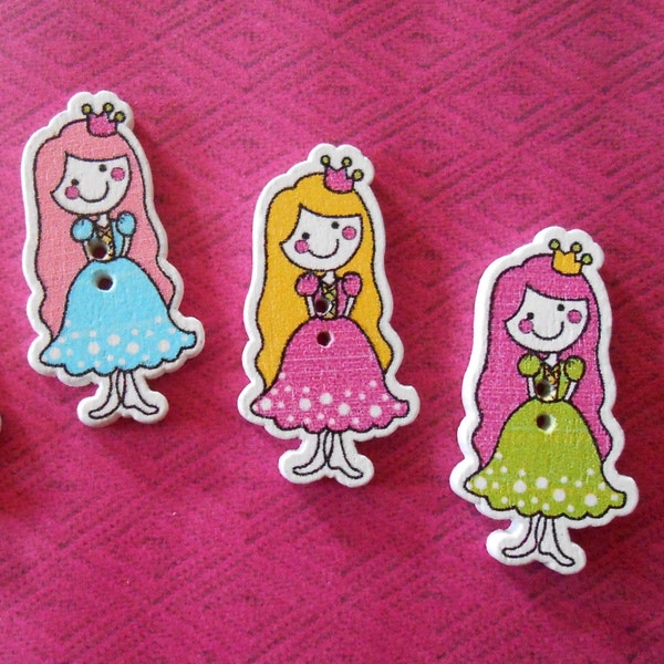 10 Wood Princess Buttons Printed buttons Wooden Girls Buttons Cartoon Picture Buttons Kids Childrens Buttons Sewing Knitting Button Crafts