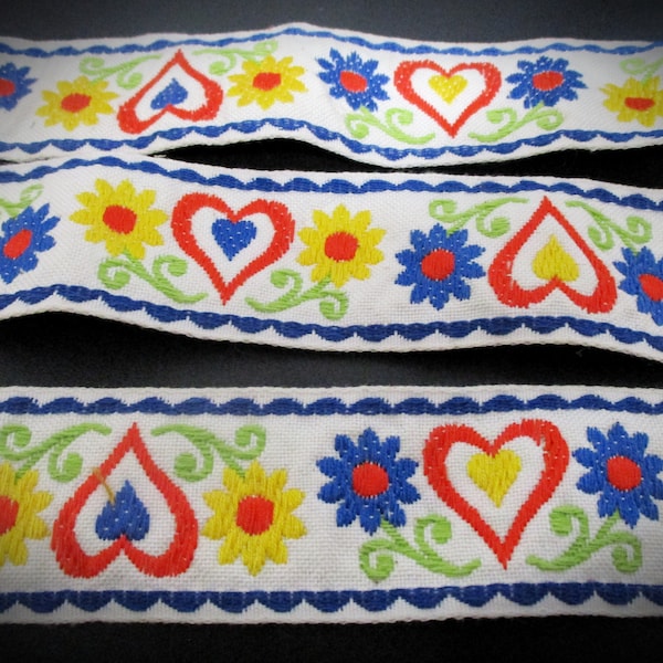 Vintage Cotton Jacquard Ribbon | Woven Embroidered Hearts and Flowers Ribbon | 36mm Floral Trim for Sewing Quilting Crafts | 1-3/8" x 4 Feet