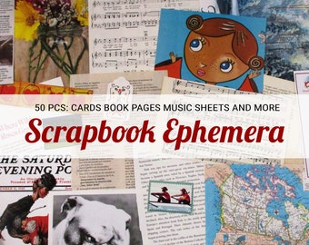 May include: A collection of 50 scrapbook ephemera pieces, including cards, book pages, music sheets, and more. The ephemera is arranged in a collage style, with a variety of colors and textures. The text "50 PCS: CARDS BOOK PAGES MUSIC SHEETS AND MORE Scrapbook Ephemera" is displayed at the top of the image.